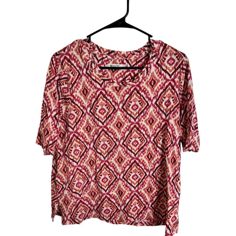 Chicos Red Ikat Diamond Geometric Slub Knit Short Sleeve Top Size 2‎ L